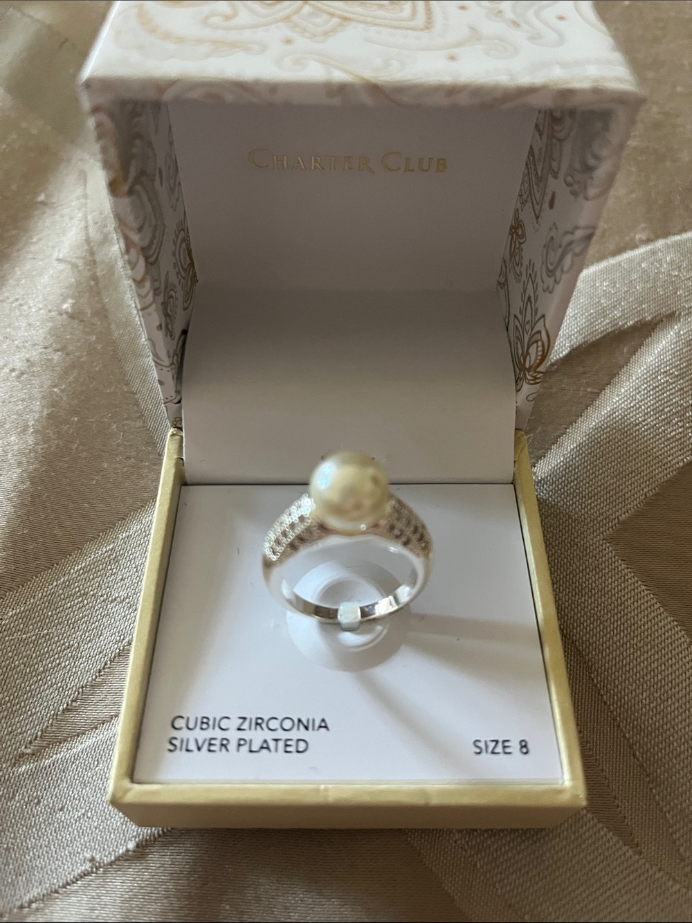 Charter Club Silver-Plated Ring with Cream Pearl and Sparkling Accents Size 8